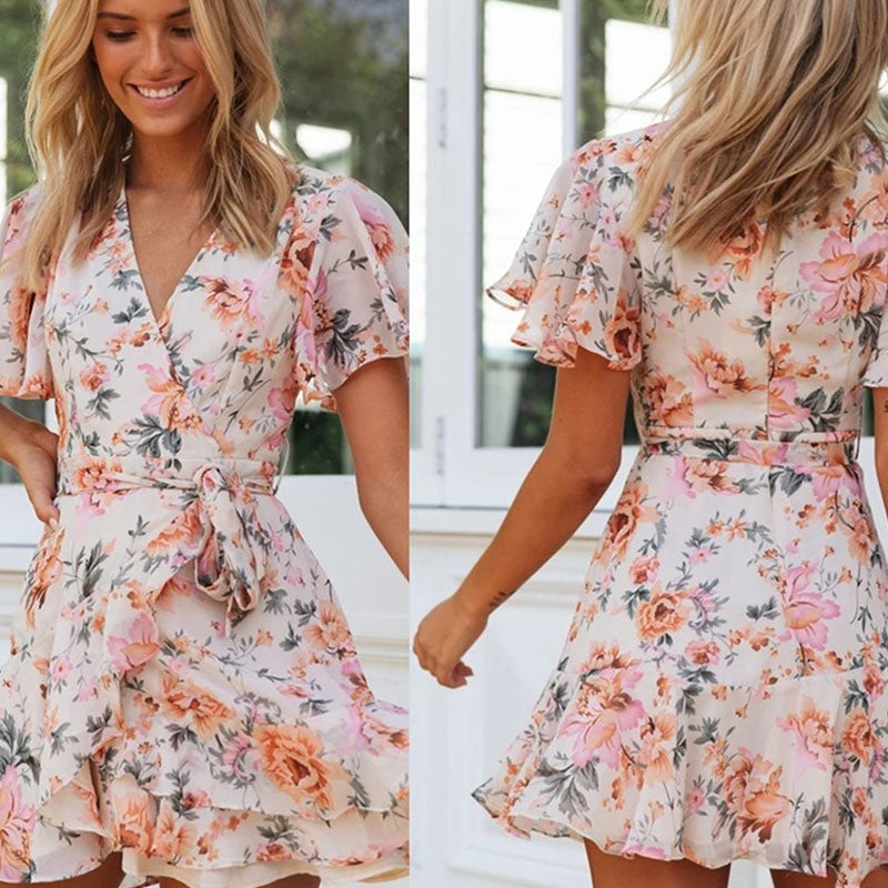 V-Neck Lace-Up Floral Print Boho Ruffle Dress