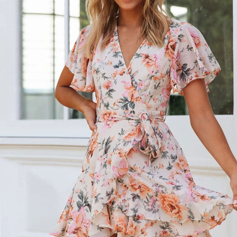 V-Neck Lace-Up Floral Print Boho Ruffle Dress