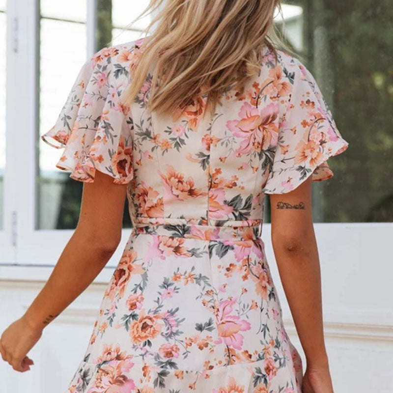 V-Neck Lace-Up Floral Print Boho Ruffle Dress