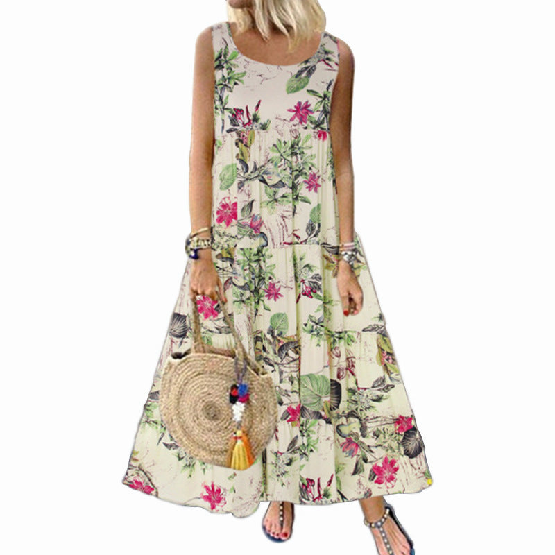 Women's Vintage Floral Print Sleeveless Maxi Dress
