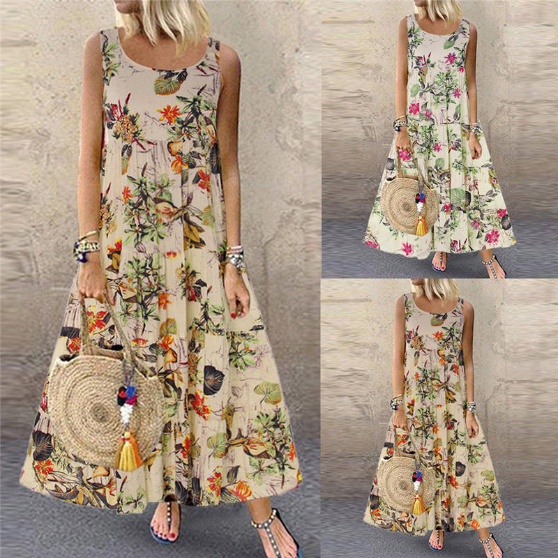 Women's Vintage Floral Print Sleeveless Maxi Dress