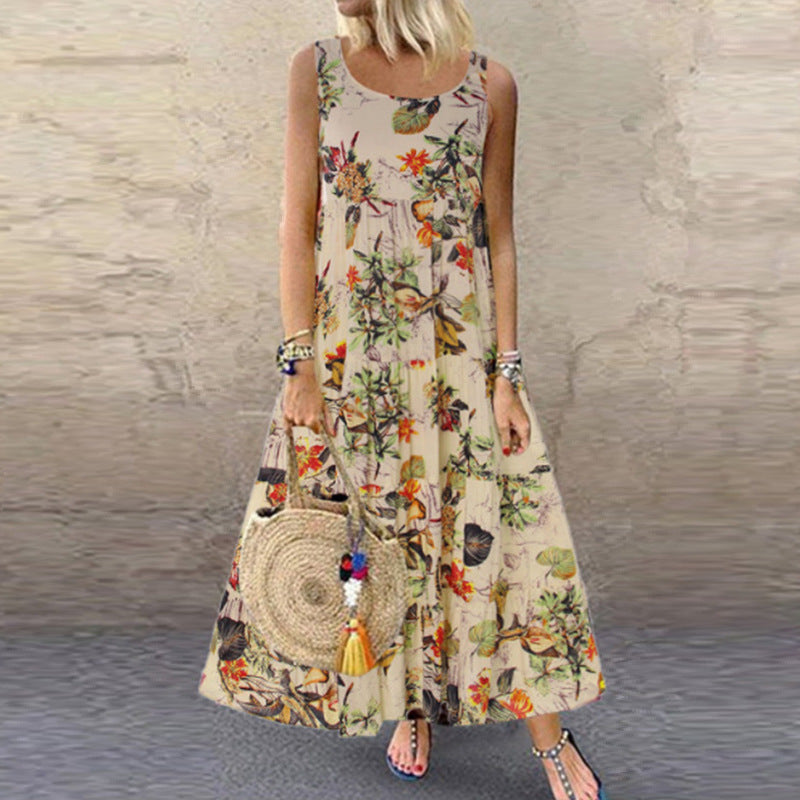 Women's Vintage Floral Print Sleeveless Maxi Dress