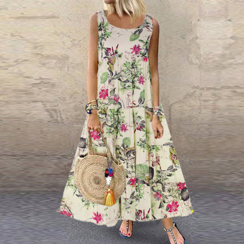 Women's Vintage Floral Print Sleeveless Maxi Dress