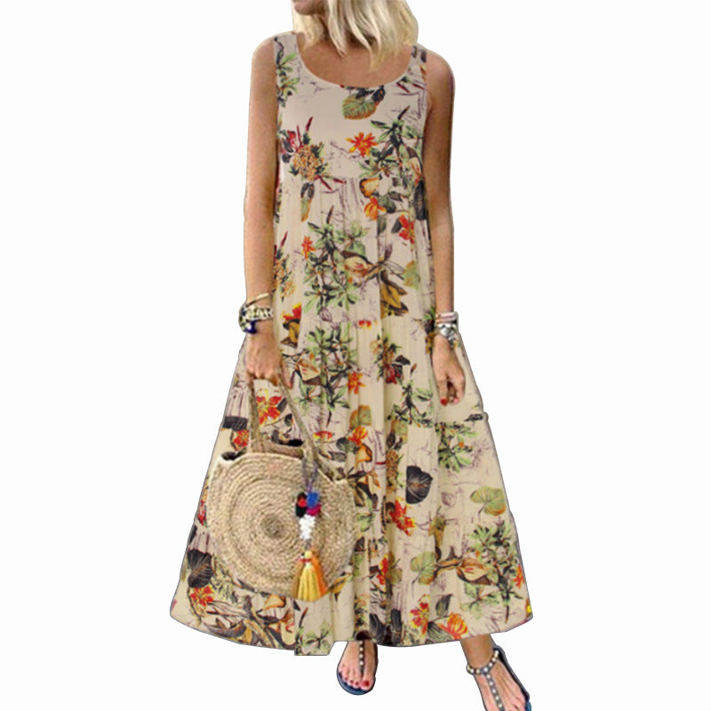 Women's Vintage Floral Print Sleeveless Maxi Dress