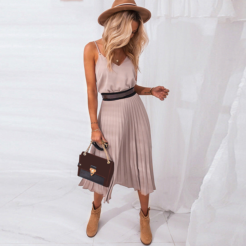 Sexy Sleeveless V-Neck Pleated Midi Dress, for Office