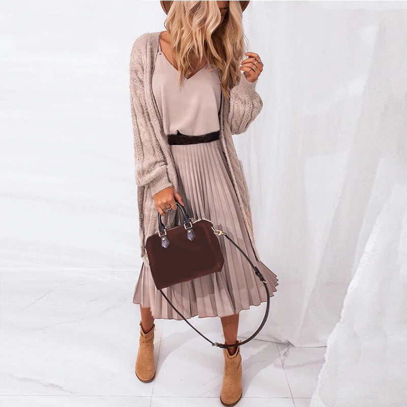 Sexy Sleeveless V-Neck Pleated Midi Dress, for Office