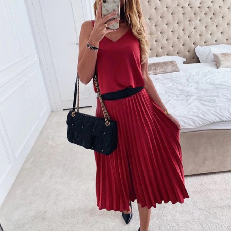 Sexy Sleeveless V-Neck Pleated Midi Dress, for Office