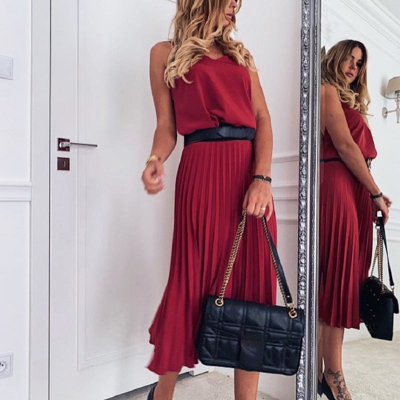 Sexy Sleeveless V-Neck Pleated Midi Dress, for Office