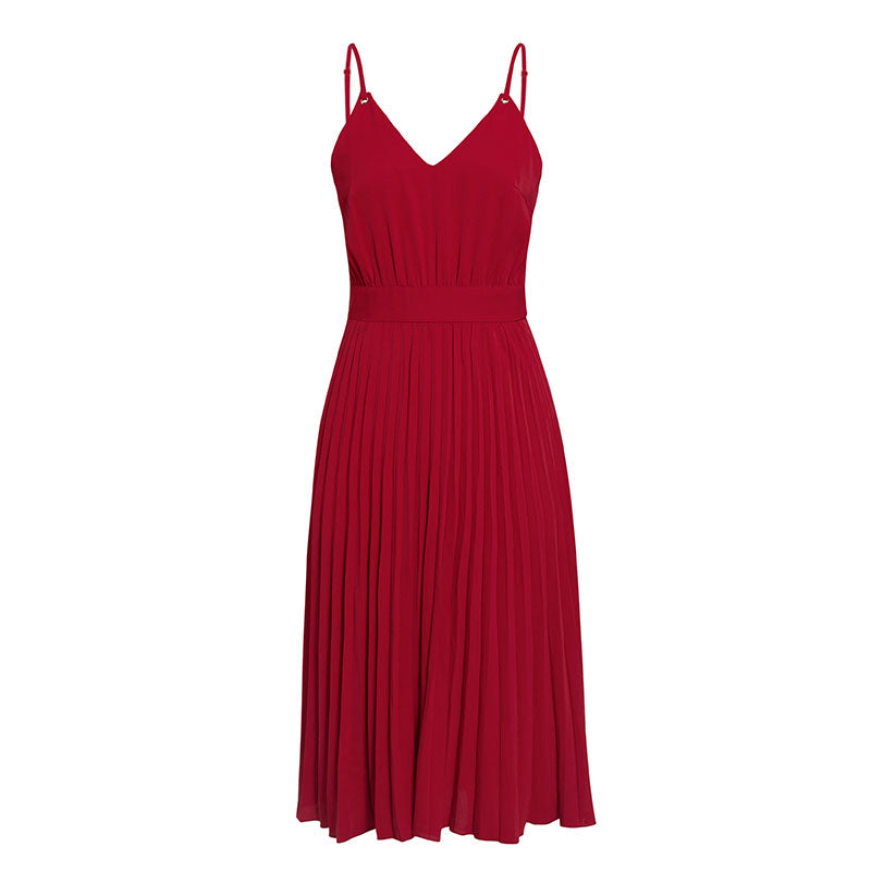 Sexy Sleeveless V-Neck Pleated Midi Dress, for Office