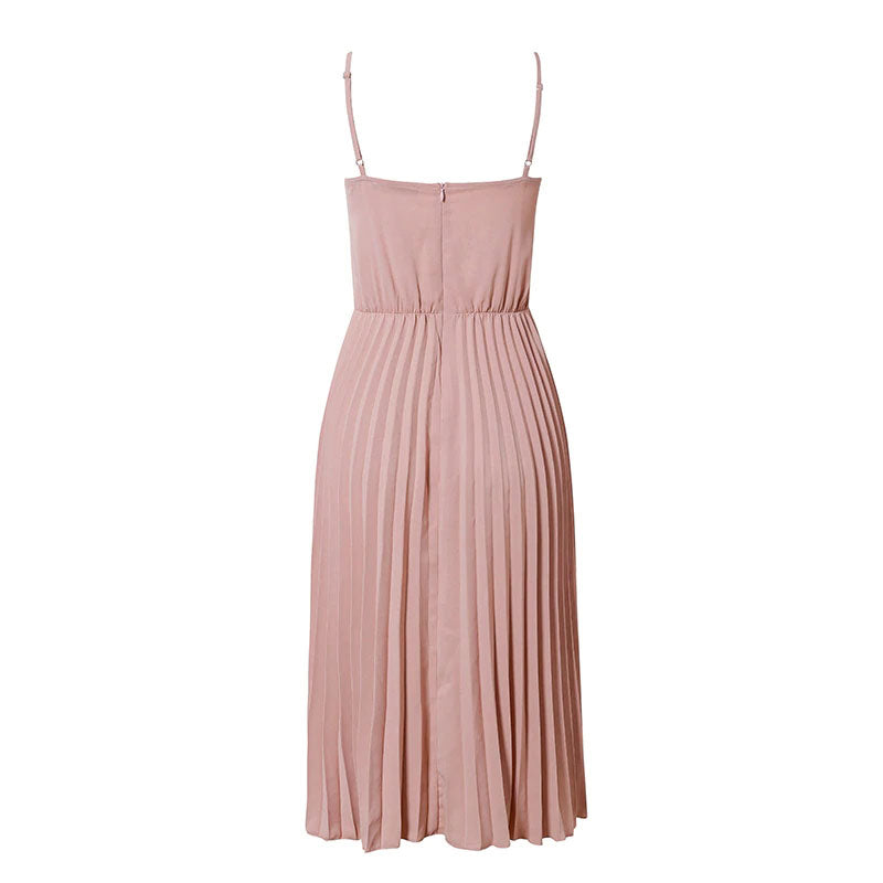 Sexy Sleeveless V-Neck Pleated Midi Dress, for Office