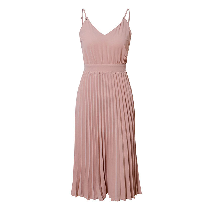 Sexy Sleeveless V-Neck Pleated Midi Dress, for Office