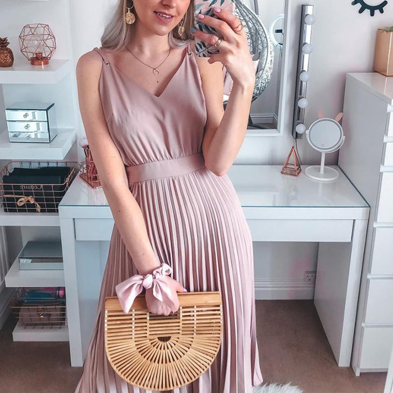 Sexy Sleeveless V-Neck Pleated Midi Dress, for Office