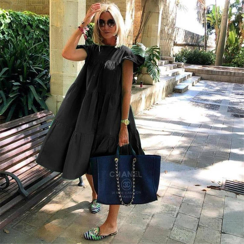 Women's Loose Solid Color Ruffled Swing Dress