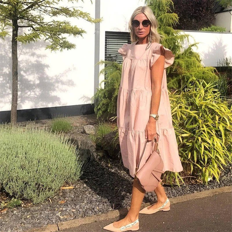 Women's Loose Solid Color Ruffled Swing Dress