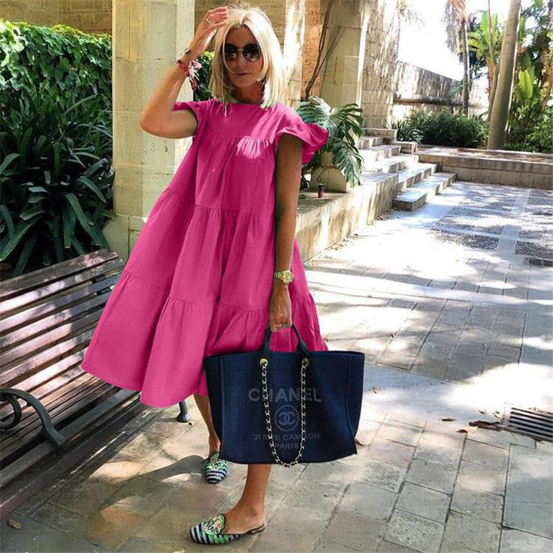 Women's Loose Solid Color Ruffled Swing Dress