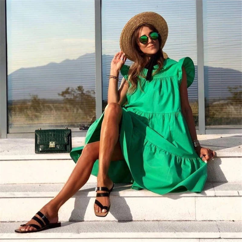 Women's Loose Solid Color Ruffled Swing Dress