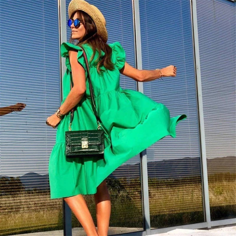 Women's Loose Solid Color Ruffled Swing Dress