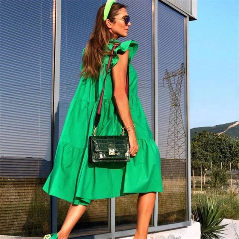 Women's Loose Solid Color Ruffled Swing Dress