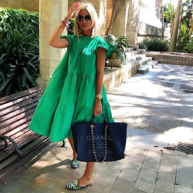 Women's Loose Solid Color Ruffled Swing Dress