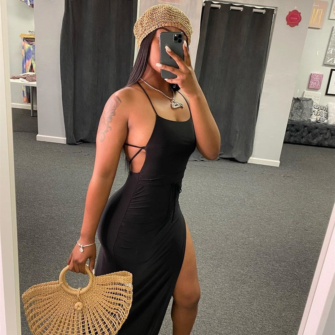 Women's Sexy Backless Solid Color Split Maxi Dress