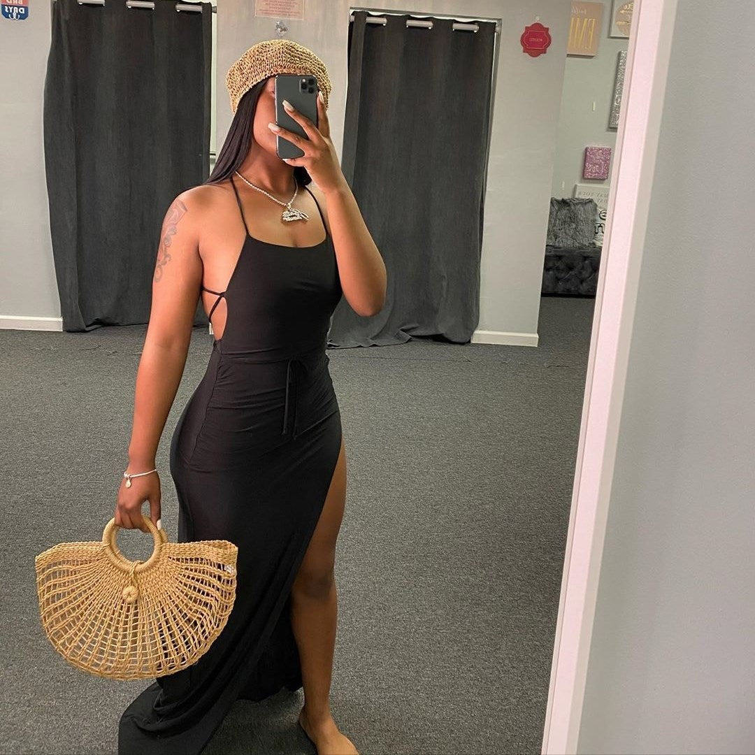 Women's Sexy Backless Solid Color Split Maxi Dress
