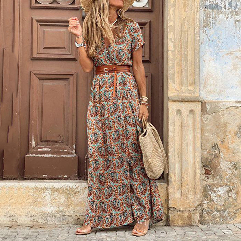 Women's S-3XL Bohemia V-Neck Floral Print Maxi Dress