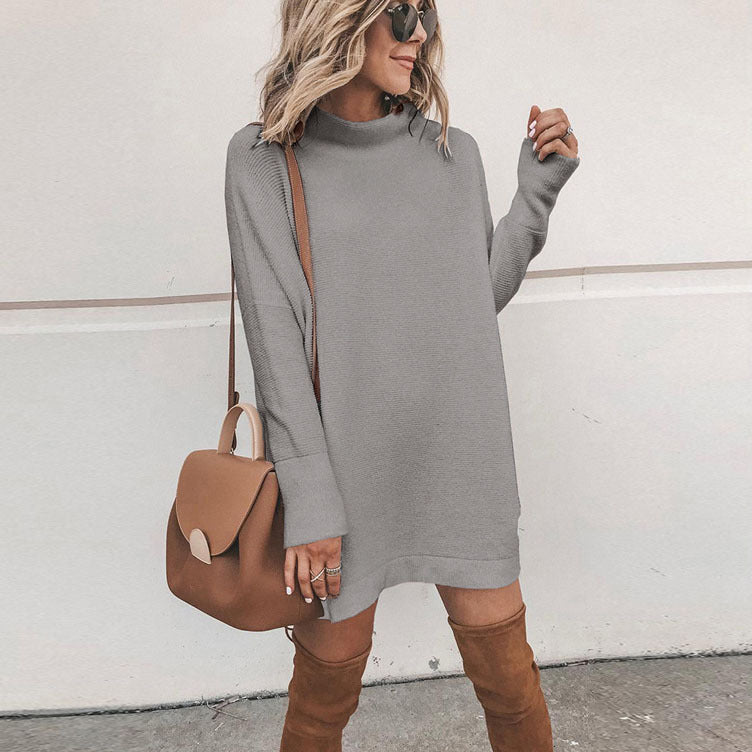 Women's Autumn Winter Solid Color Mock Neck Knitted Dress