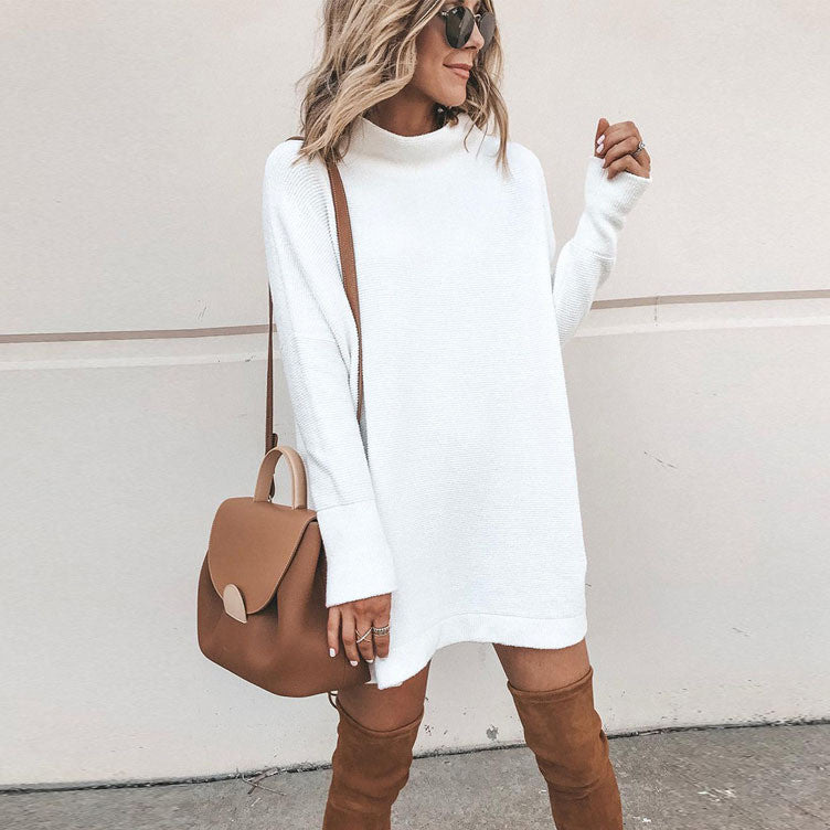 Women's Autumn Winter Solid Color Mock Neck Knitted Dress