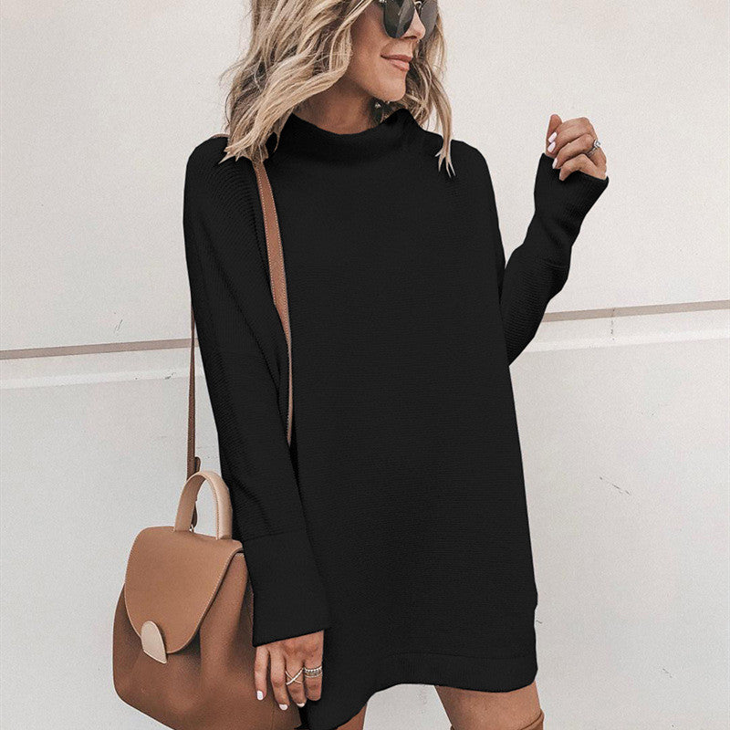 Women's Autumn Winter Solid Color Mock Neck Knitted Dress