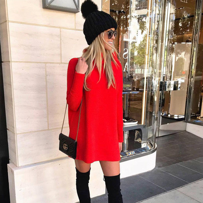 Women's Autumn Winter Solid Color Mock Neck Knitted Dress