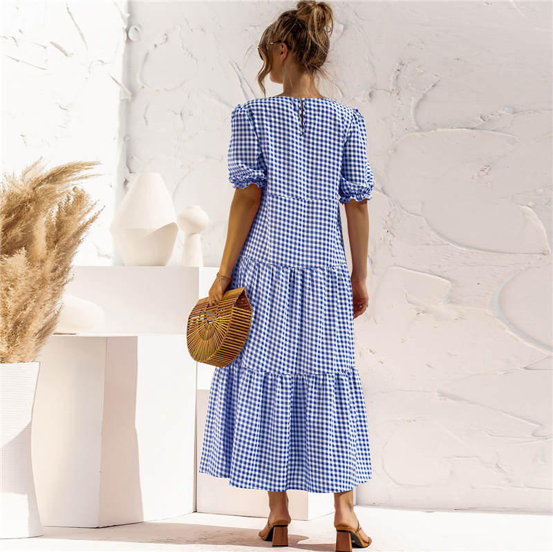 Women's S-2XL Casual Puff Sleeve Plaid Maxi Dress