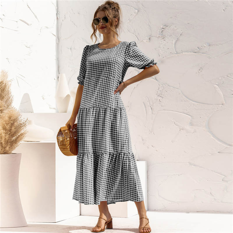 Women's S-2XL Casual Puff Sleeve Plaid Maxi Dress