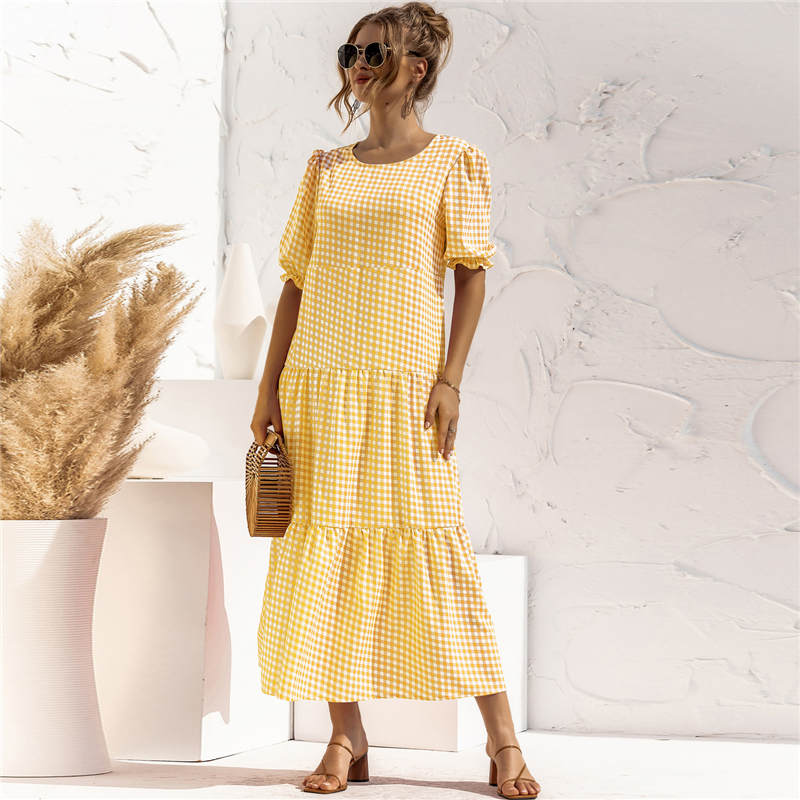 Women's S-2XL Casual Puff Sleeve Plaid Maxi Dress