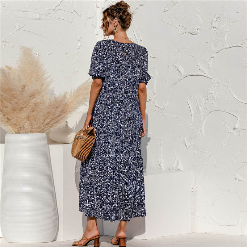Women's S-2XL Casual Puff Sleeve Plaid Maxi Dress