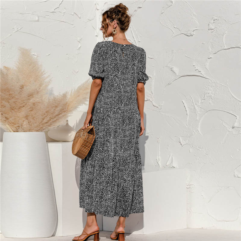 Women's S-2XL Casual Puff Sleeve Plaid Maxi Dress