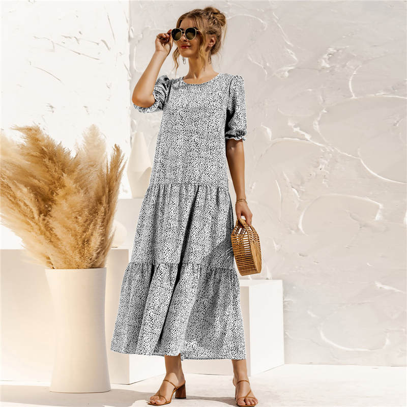 Women's S-2XL Casual Puff Sleeve Plaid Maxi Dress