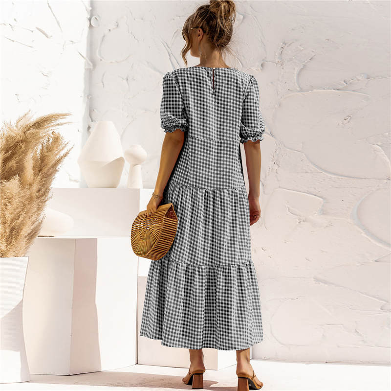 Women's S-2XL Casual Puff Sleeve Plaid Maxi Dress