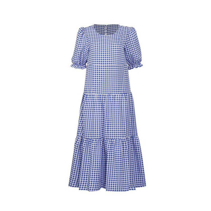 Women's S-2XL Casual Puff Sleeve Plaid Maxi Dress