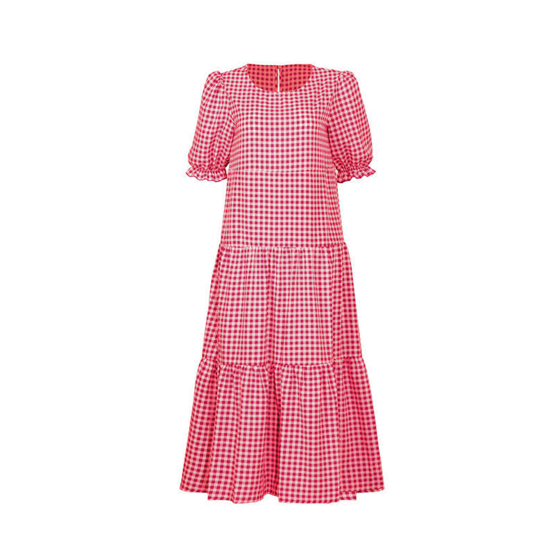 Women's S-2XL Casual Puff Sleeve Plaid Maxi Dress