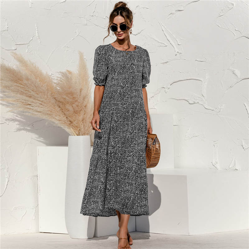 Women's S-2XL Casual Puff Sleeve Plaid Maxi Dress