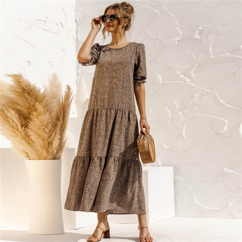 Women's S-2XL Casual Puff Sleeve Plaid Maxi Dress
