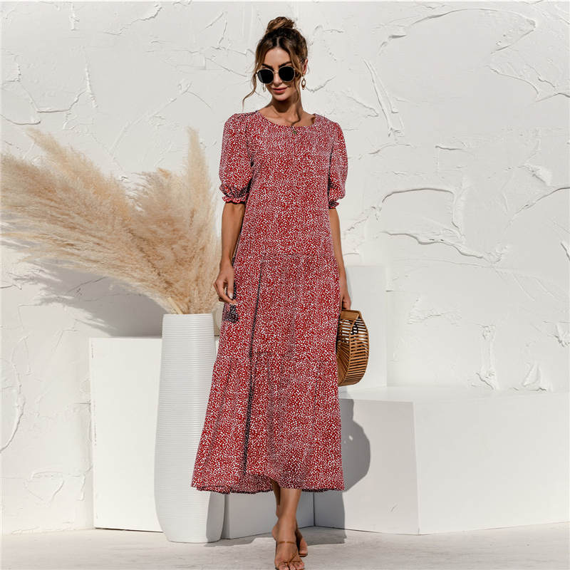 Women's S-2XL Casual Puff Sleeve Plaid Maxi Dress