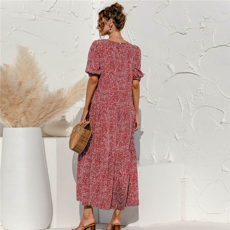 Women's S-2XL Casual Puff Sleeve Plaid Maxi Dress