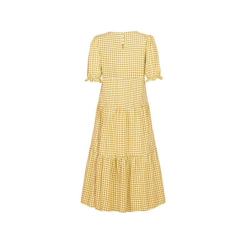 Women's S-2XL Casual Puff Sleeve Plaid Maxi Dress