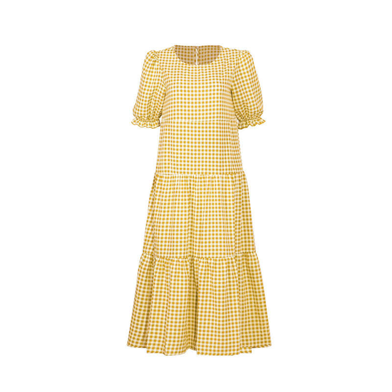 Women's S-2XL Casual Puff Sleeve Plaid Maxi Dress