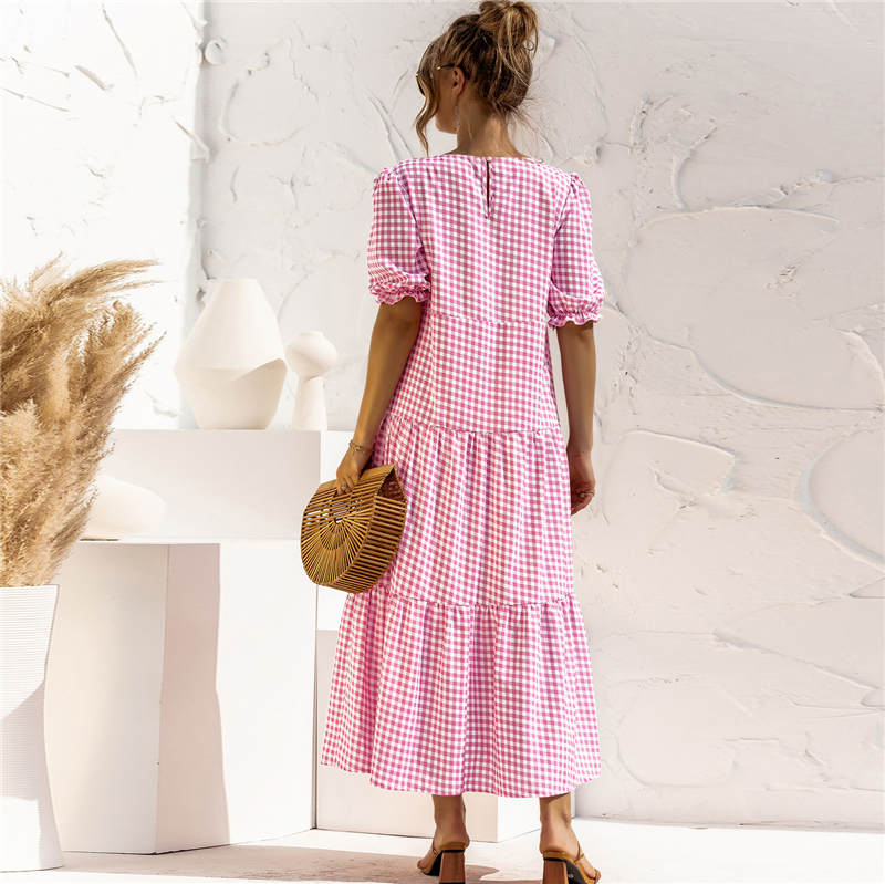 Women's S-2XL Casual Puff Sleeve Plaid Maxi Dress