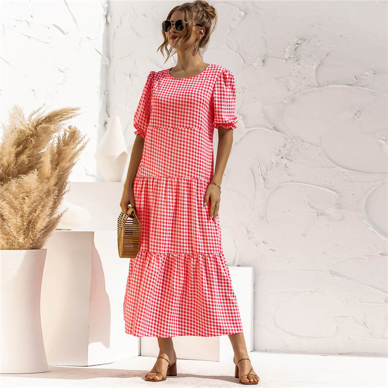 Women's S-2XL Casual Puff Sleeve Plaid Maxi Dress