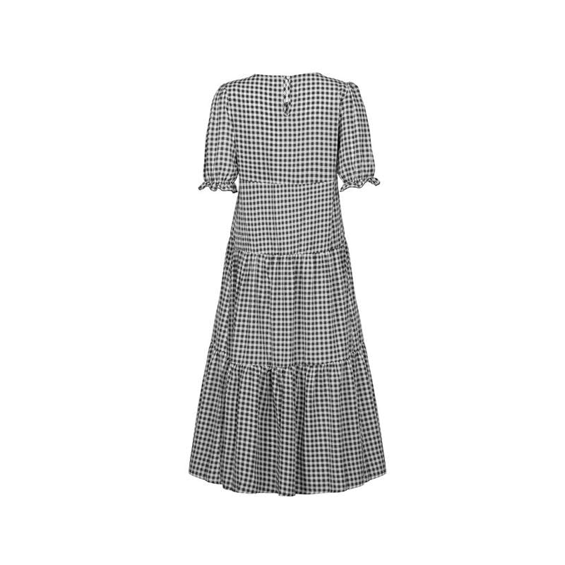 Women's S-2XL Casual Puff Sleeve Plaid Maxi Dress