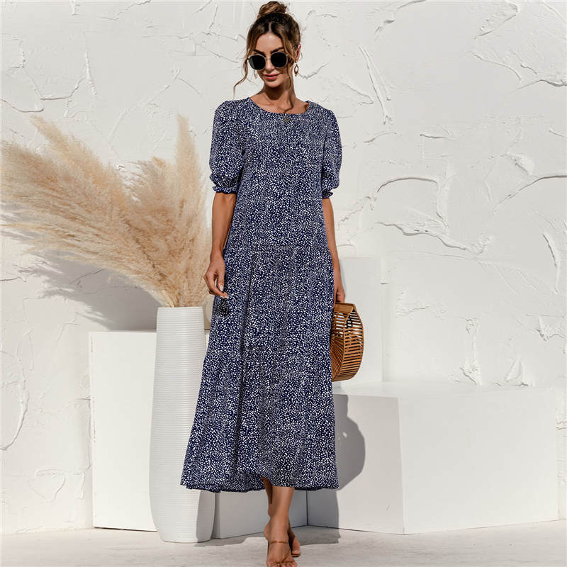 Women's S-2XL Casual Puff Sleeve Plaid Maxi Dress