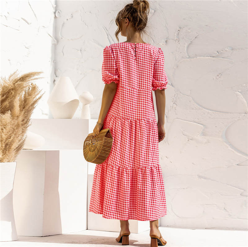 Women's S-2XL Casual Puff Sleeve Plaid Maxi Dress